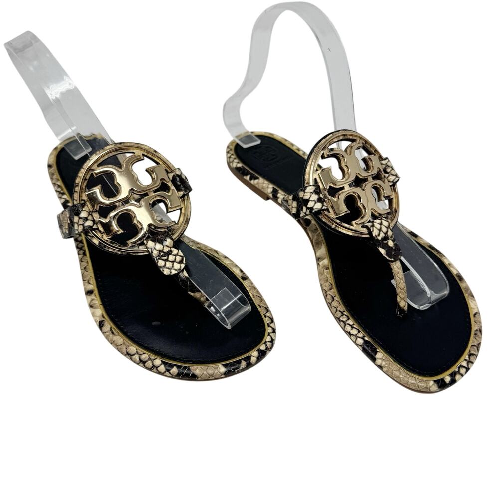 Tory Burch Miller Sandals Women Size 8 Black Snakeskin Embossed Gold Logo Flats